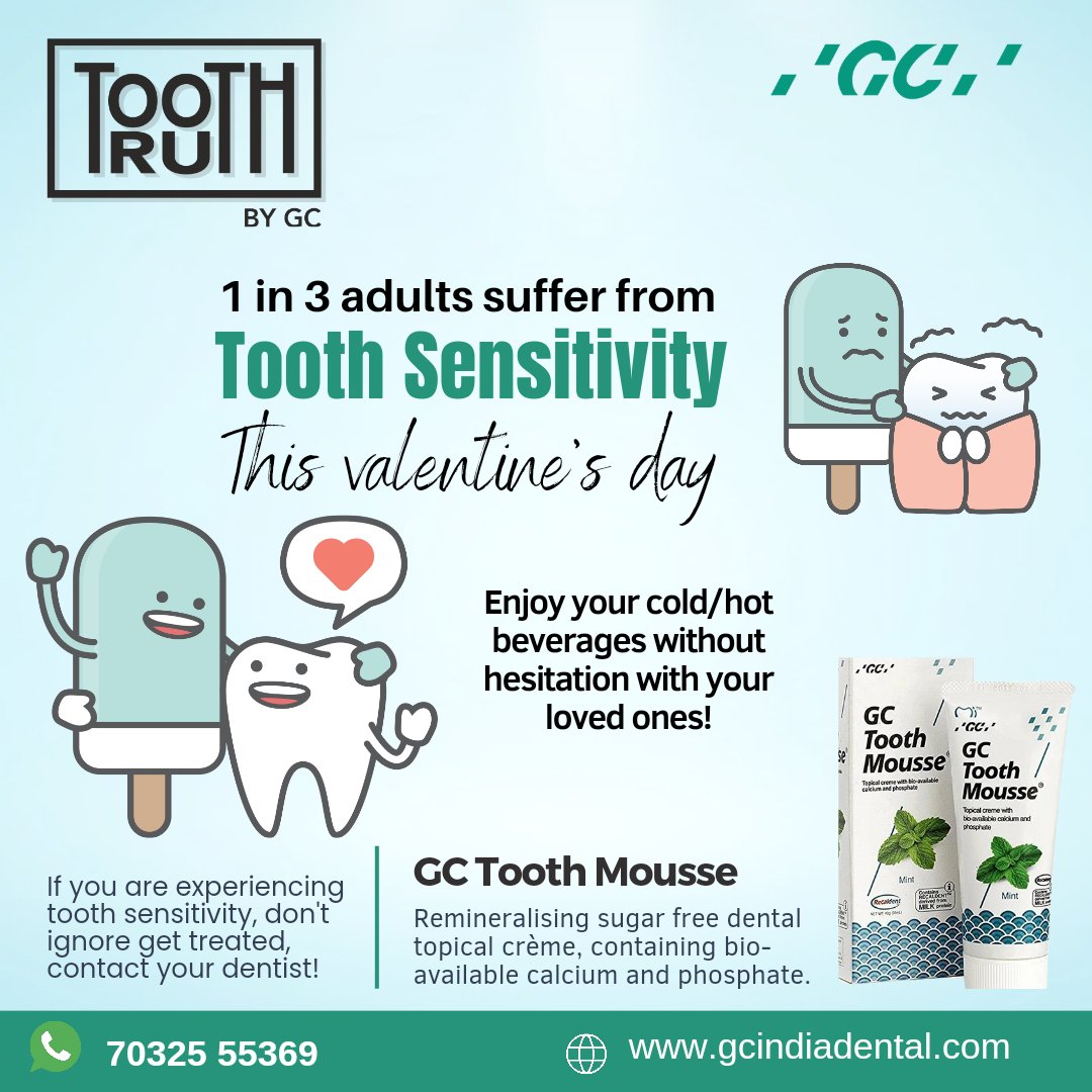 GCIndia_dental's tweet photo. Why give up your life's simple delights when you can lead a sensitivity-free life.
GC Tooth Mousse is useful for desensitizing and provides extra protection for teeth.
Learn more: https://t.co/1cCdDfS70c
#GCIndia #ToothMousse #Sensitivity #SesitiveTeeth https://t.co/VNTN25ifhQ