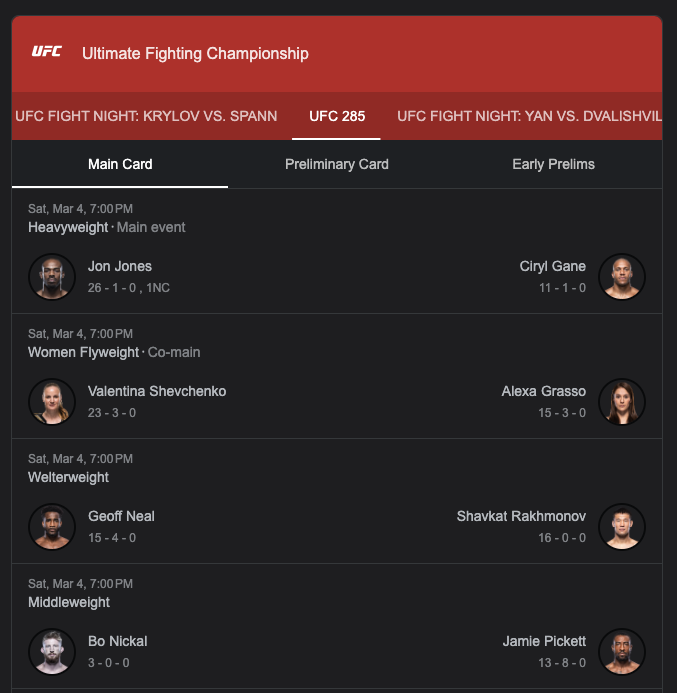 The_Fight_Card's tweet photo. Saturday, March 4th, 2023... What. A. Card!
The GOAT @BulletValentina is back!
oh...and @JonnyBones
@ciryl_gane
@BulletValentina
@AlexaGrasso
@Rakhmonov1994
@NoBickal
This is insane... #jonjones #mma #ufc #ufcppv #ufcfightnight #fullsendmma #fullsend #barstool https://t.co/LqAPhhzWww