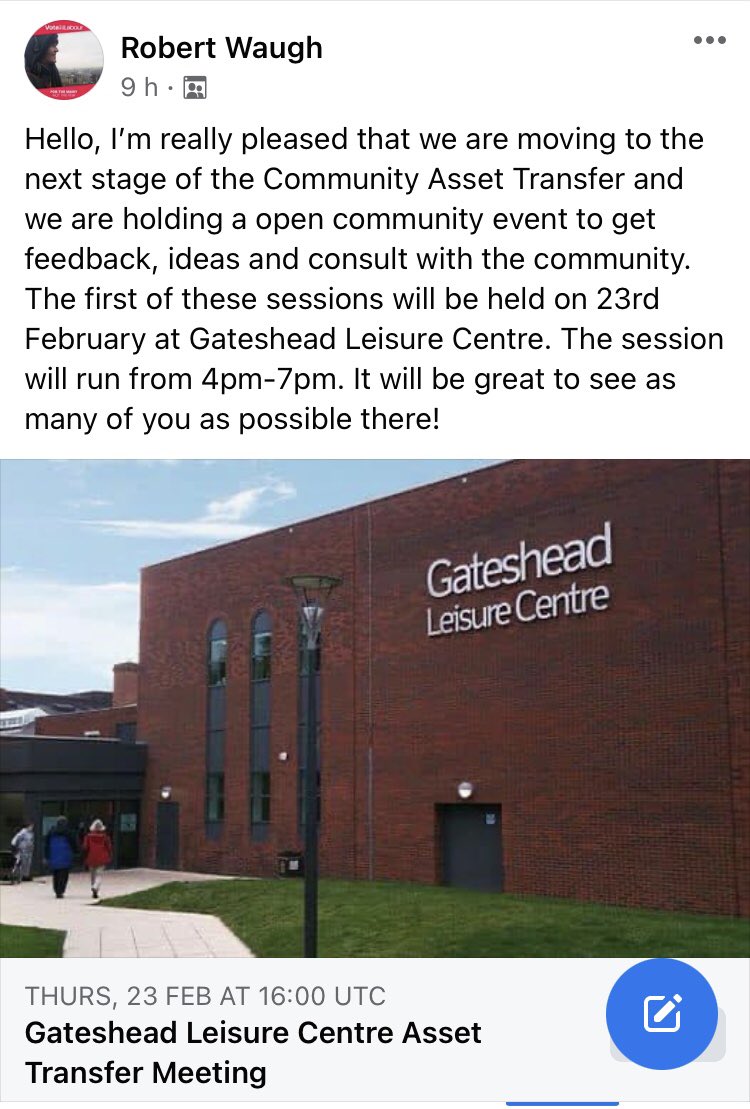 Save_Leisure_GD's tweet photo. Public meeting regarding asset transfer of #GatesheadLeisureCentre on 23rd Feb 4-7 at GLC 

#saveleisuregateshead 
#gateshead #saveourpools #heedarmy #saltwell #bensham #lowfell https://t.co/n2Cr13z2mb