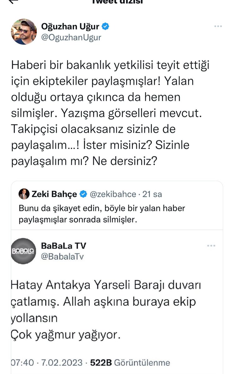Oğuzhan Uğur aradı;
Özetini anlatayım.
▪️İddia ettiği gibi bir bakanlık yetkilisinden teyit yok. Bakanlıktan birisiyle görüşme de yok. 
▪️Söylediği gibi yazışmada yok
▪️Bir memur vatandaş arıyor, kendilerine ihbarda bulunuyor, ihbarı doğru kabul ediyorlar. Ses kaydını da dinledim