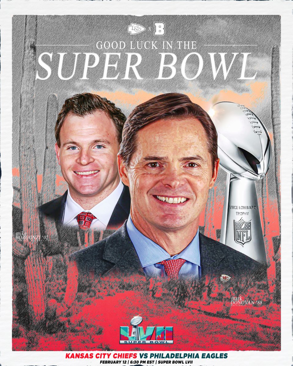 BrownU_Football's tweet image. Good luck tonight to these former Bears in #SuperBowl LVII 🐻‼️

- @Chiefs President, Mark Donovan ‘88
- @Chiefs Asst. General Manager, Mike Borgonzi ‘02

#BrunoInTheNFL | #EverTrue