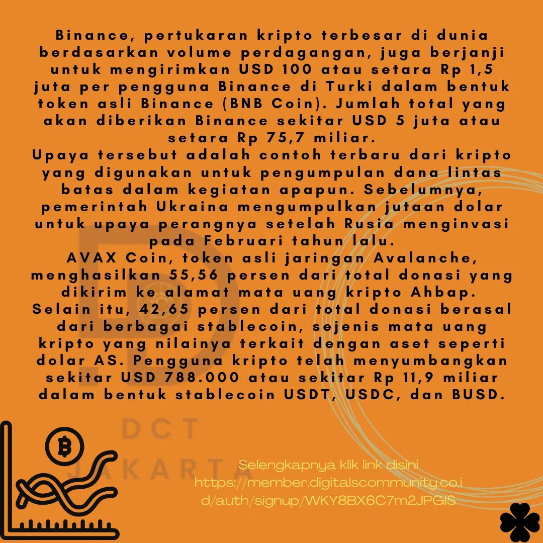 DctJakarta's tweet photo. Masih berfikir kalau Kripto itu investasi kurang menguntungkan? Nih bantuan untuk gempa turki pun boleh pakai kripto, keren kan! 

For information detail :
*WhatsApp admin*
- 0821 1000 6164
- 0896 1000 6164

#passiveincome #profit #crypto #cryptonews #cryptocurrency #cryptoart https://t.co/vdkm2sfrVE