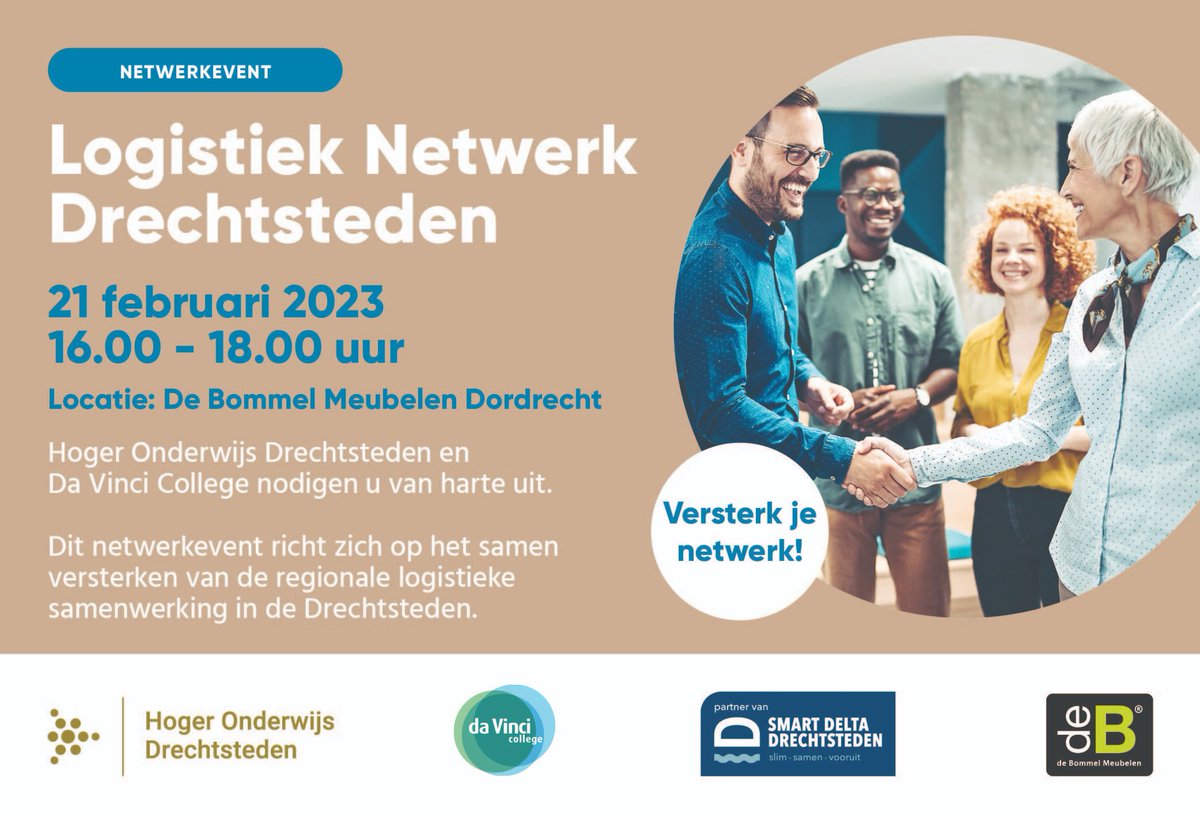 Wij organiseren samen met <a href="/DaVinciCollege/">Da Vinci College</a> Dordrecht het #LogistiekNetwerk #Drechtsteden event.

Ontmoet collega's die werken in logistiek in de regio en maak kennis met studenten van de logistieke opleiding bij <a href="/DordtAcademy078/">DordrechtAcademy</a> 

<a href="/CareerBoost078/">CareerBoost</a> 
Aanmelden bit.ly/LogistiekNetwe…