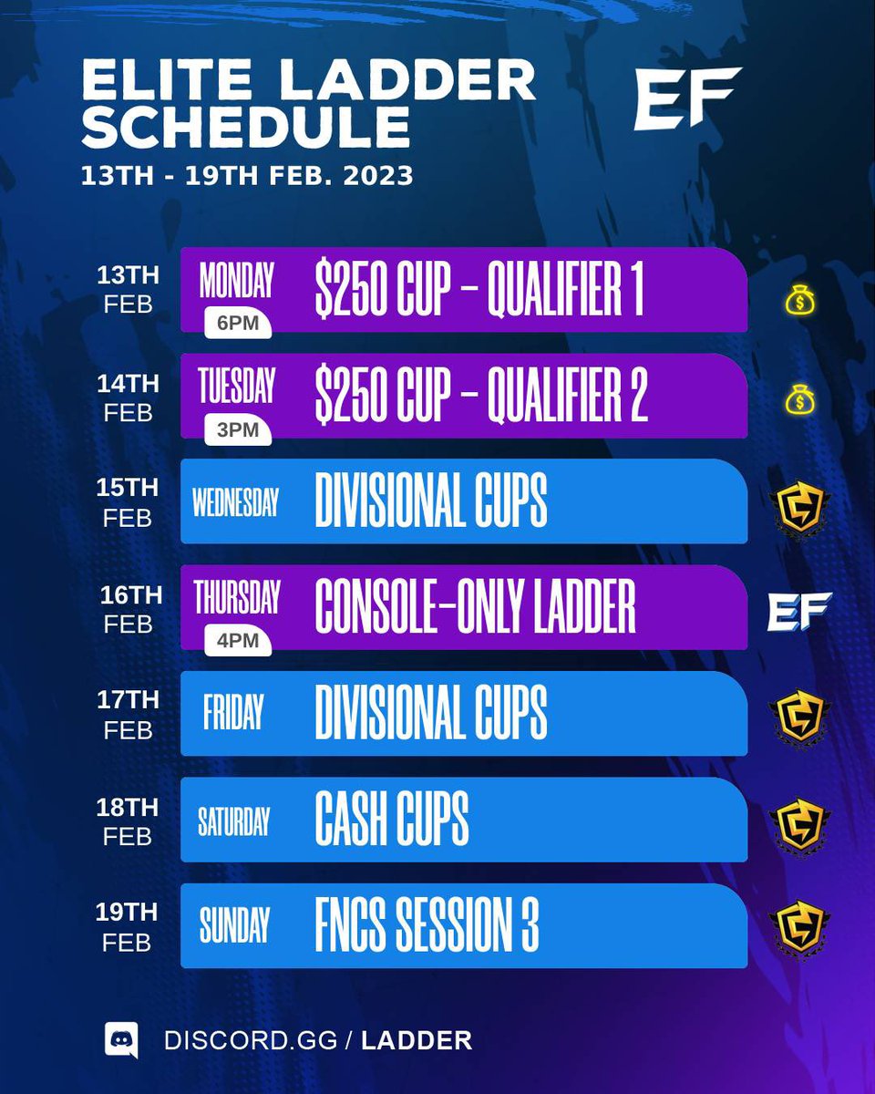 EliteFNDivision's tweet photo. Our $250 Cup takes place this week! 💰

Check out our complete weekly schedule below 📝 https://t.co/lKshRZcIcG