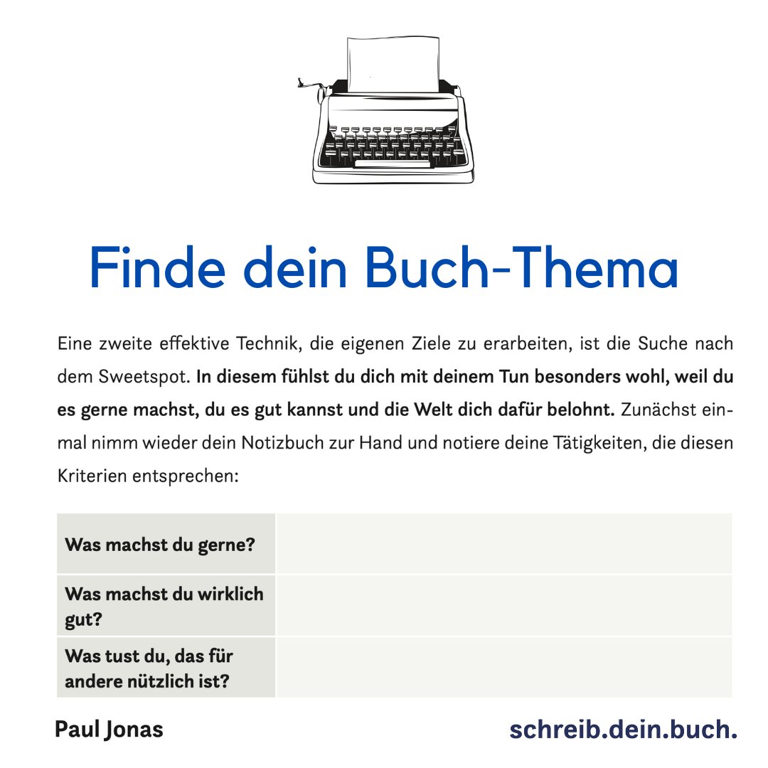 SchreibDeinBuch's tweet image. Der Sweetspot kann ein erster Schritt zur Planung deines Buches sein. Nur was du gut und gerne machst – und was für andere nützlich ist – wird dich ein wirklich gutes Buch schreiben lassen. #SchreibDeinBuch