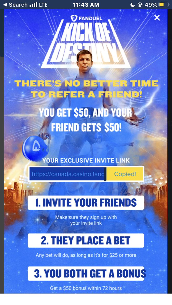 FanDuel (Ontario ) Bonus  deposit &amp; Bet 25$ get 50$ 
 canada.casino.fanduel.com/registrationCA… 

#fanduelcanada #kickofdestiny #SuperBowl #SuperBowlLVII #SuperBowl2023 #GamblingTwitter #sportsbet #nflbets #bonus #betting