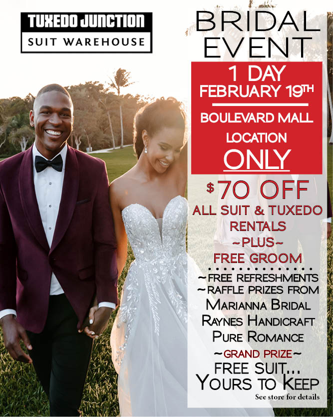 TuxedoJunction1's tweet photo. 🚨ATTENTION BUFFALO BRIDES🚨
Don't miss out on our 1 DAY ONLY FREE Bridal Event!

Taking place Sunday, February 19th, 11AM - 3PM at our newly renovated @BoulevardMall location!

FREE refreshments, NEW 2023 styles, and a chance to win a BRAND NEW SUIT! #BuffaloBrides #2023Weddings https://t.co/LiMw268FFR