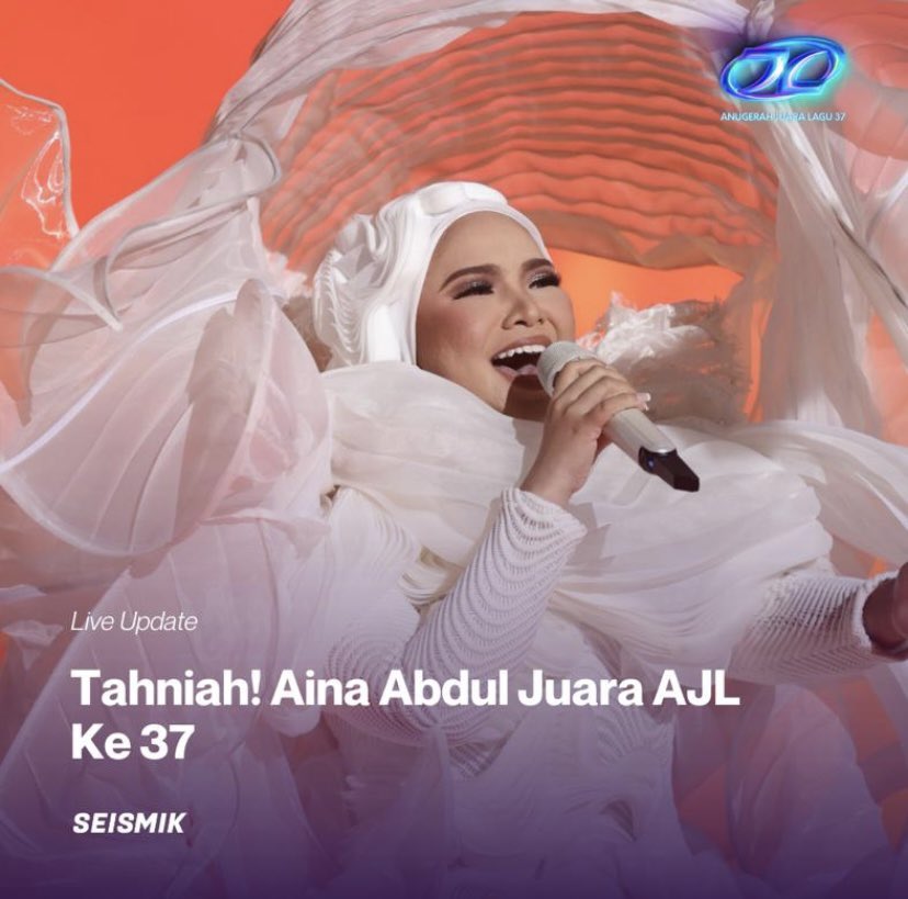 saysseismik's tweet photo. Tahniah! @ainaabdulmusic Juara Anugerah Juara Lagu Ke 37  

#ajl37 https://t.co/ZG1uKCL2mX