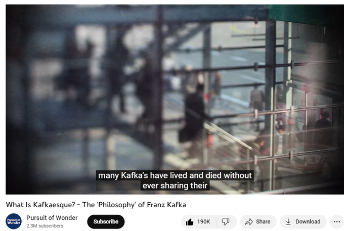 Franz Kafka's work and views are often dark and disorienting, and yet they connect with a great many readers. His work provides a paradoxical comfort in its confrontation with the inexplicable discomfort we can often all feel in life . 

New Pursuit of Wonder book: https://www.amazon.com/dp/B08D4VSD88


If you are interested in supporting the channel, 
you can shop Pursuit of Wonder merch here: https://www.pursuitofwonder.com/store

Or contribute to our Patreon here: https://www.patreon.com/pursuitofwonder


Special thank you to our very generous Patreon supporters: 
Christian Villanueva
George Leontowicz
Julio Villafuerte

Follow Pursuit of Wonder on:
Instagram at: https://www.instagram.com/pursuitofwo...

Facebook at: https://www.facebook.com/PursuitOfWonder


Recommended readings by Kafka:
Franz Kafka: The Complete Stories: https://amzn.to/2S7fxPF

The Trial: https://amzn.to/2tWOJtv

The Metamorphosis: https://amzn.to/3b1SKxt

The Castle: https://amzn.to/2S66ui2