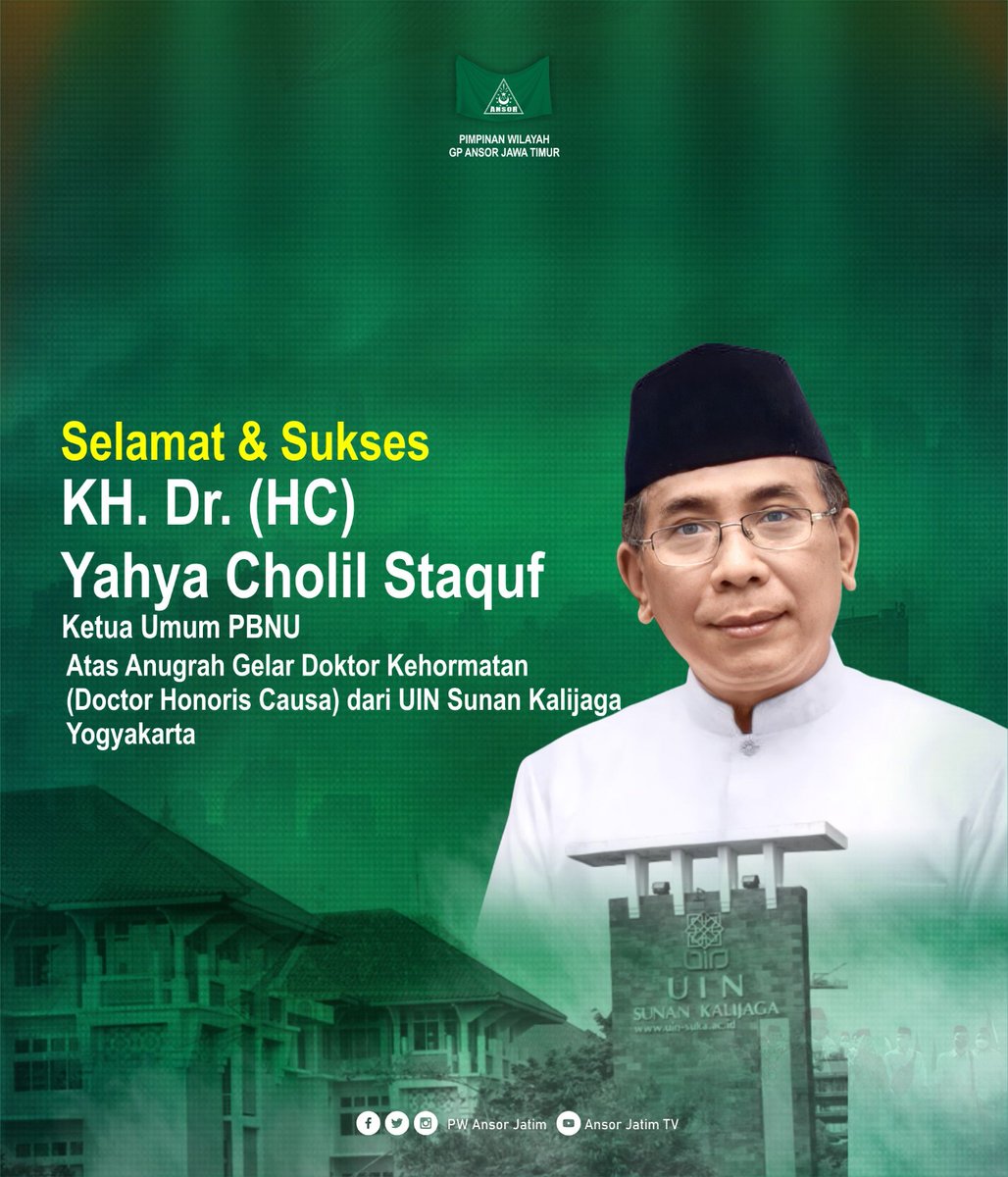 muchghulam80's tweet photo. Selamat dan Sukses atas Anugerah Dokter Honoris Causa kepada KH. Dr. (HC) Yahya Cholil Staquf (Ketua Umum PBNU) dari Universitas Islam Negeri Sunan Kalijaga Yogyakarta
.
#1AbadNU #satuabadnu #nahdlatululama https://t.co/RLZFY7Eamv