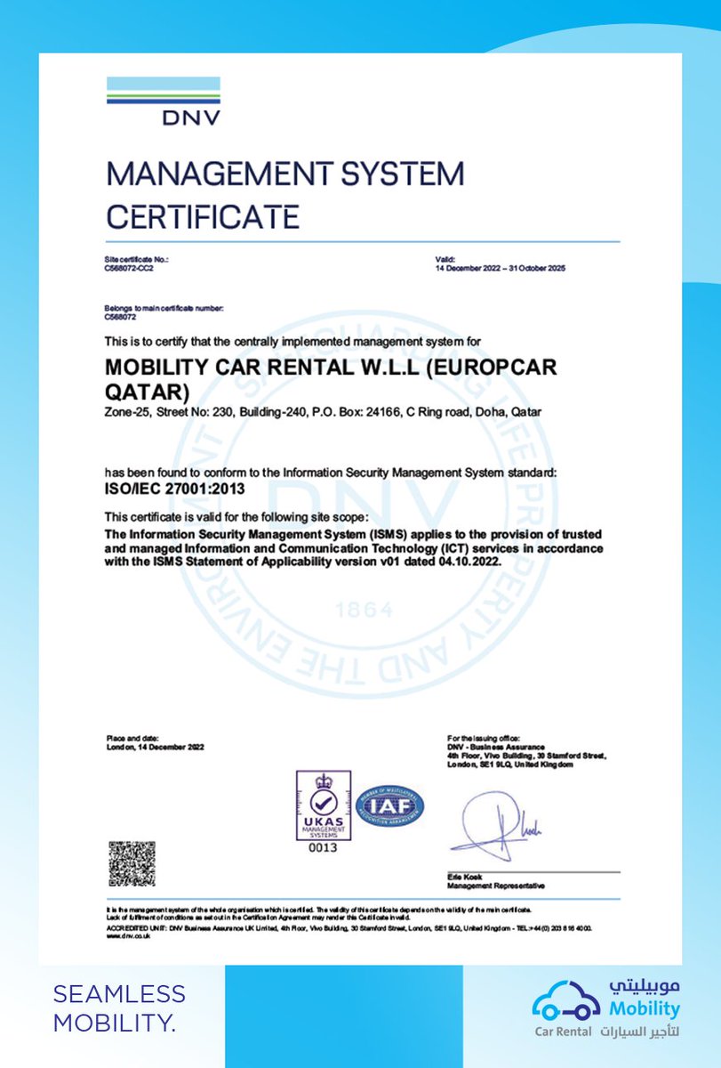 MobilityCar's tweet photo. Mobility Car Rental has been awarded the prestigious #iso27001: 2013 Certification for #informationsecuritymanagement System by DNV,
the worldโs leading classification society.
#isms https://t.co/lXmrEIazZn