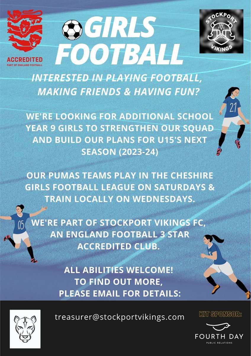 📢📢We're looking for additional school year 9 girls to strengthen our squad for U15s next season (2023-23). Please DM or contact treasurer@stockportvikings.com if interested!⚽️#girlsfooty #Stockport #SVFC #HeatonMoor @HeatonsPost #Year9