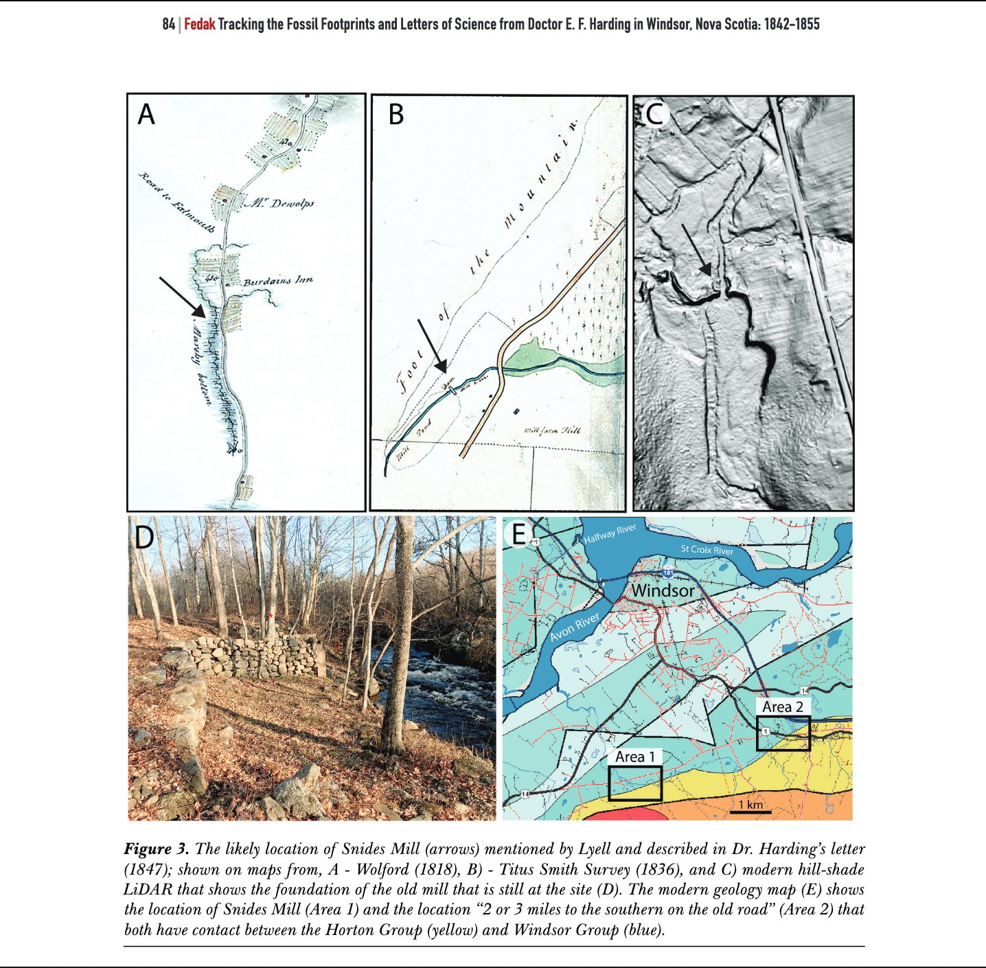 Maps showing the likely location of Snides Mill mentioned by Lyell and described in Dr. Harding’s letter (1847); shown on maps from Wolford (1818), Titus Smith Survey (1836), and modern hill-shade LiDAR that shows the foundation of the old mill that is still at the site. The modern geology map shows the location of Snides Mill and the location “2 or 3 miles to the southern on the old road” that both have contact between the Horton Group and Windsor Group.