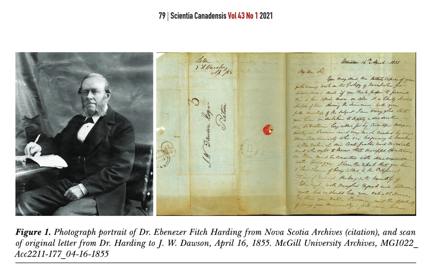 Photograph portrait of Dr. Ebenezer Fitch Harding from Nova Scotia Archives, and scan of original letter from Dr. Harding to J. W. Dawson, April 16, 1855. McGill University Archives, MG1022_ Acc2211-177_04-16-1855