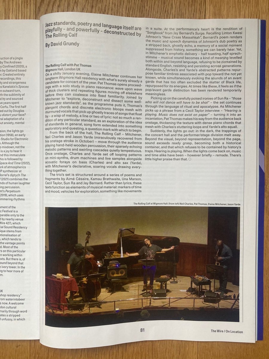 Thx to David Grundy for his review in March issues of ⁦@thewiremagazine⁩ of #TheRollingCalf ⁦@wigmore_hall⁩ 22.1.23. Was great to shake that space with ⁦@JoYaNdEaRs⁩ ⁦@Benmarcmusic⁩ & #PatThomas 🙌🏽✊🏽🙏🏽