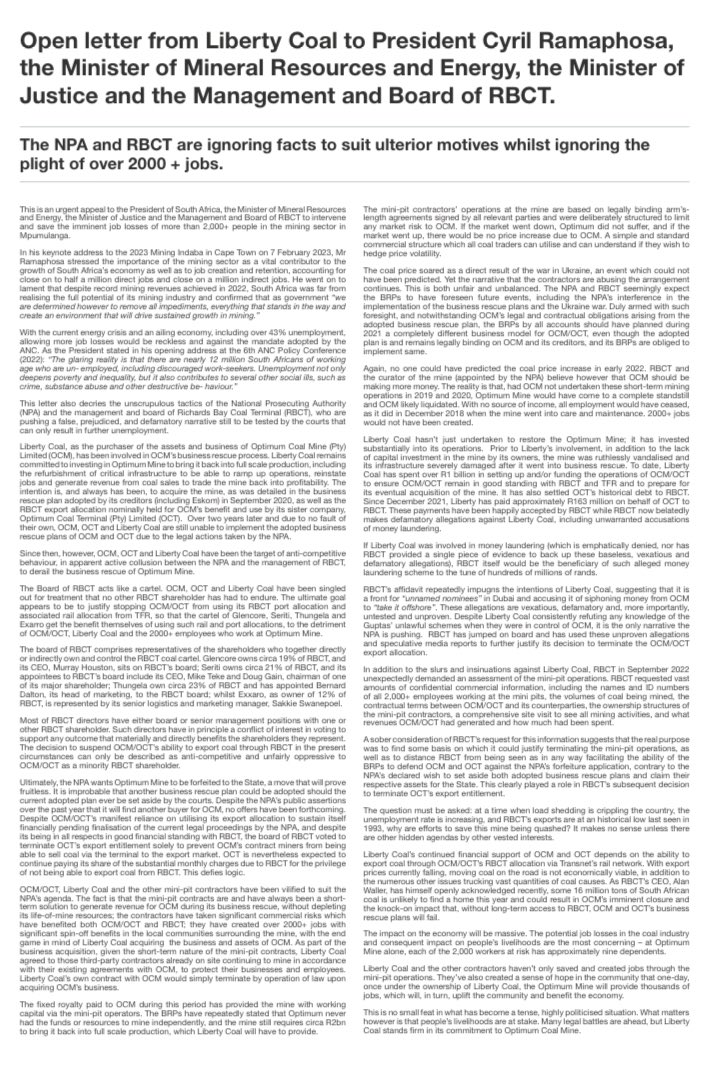 IamVuvu710's tweet photo. Here’s an open letter from @MP_Action Optimum Coal Mine to @PresidencyZA hope it reaches to him, others in saving many jobs, employing fellow South Africans! @channelafrica1 @SABCNews @Newzroom405 @nodoli @insightfactor

#SaveOptimumCoalMine https://t.co/czjxHk7zF0