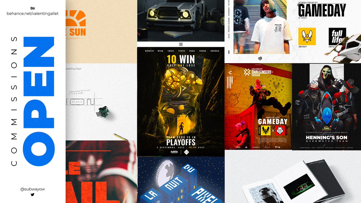 🎨 My commissions are open again ! 

- Esport graphics 
- Branding 
- Social media 
- Poster 
- Photography 

Thank you for Likes &amp; Retweets !❤️

📩 Dm open for more info.

Work : behance.net/valentingallet