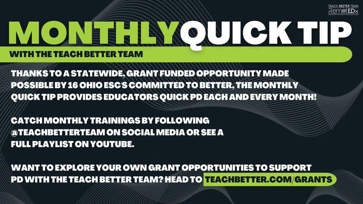 teachbetterteam's tweet photo. Be sure to tune in to our Monthly Quick Tip sponsored by the Teach Better Team + Remote Ed X Project! Head over to our Youtube for more information: https://t.co/GQXJrL0SDA! #TeachBetter #RemoteEdX #TeacherPD https://t.co/tTXaWm5waa