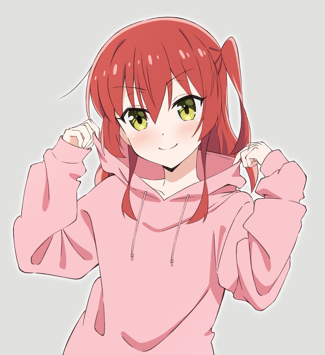 1girl solo red hair hood smile hoodie simple background  illustration images