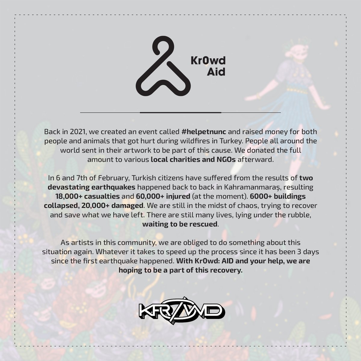 nehoverse's tweet image. Turkey is going through very difficult times with two earthquakes that occurred on February 6 and artists came together to heal the wounds.

Every sale will go directly to 
@ahbap 's ERC20 wallet.

Link👇 #kr0wdaid 
@Kr0wded