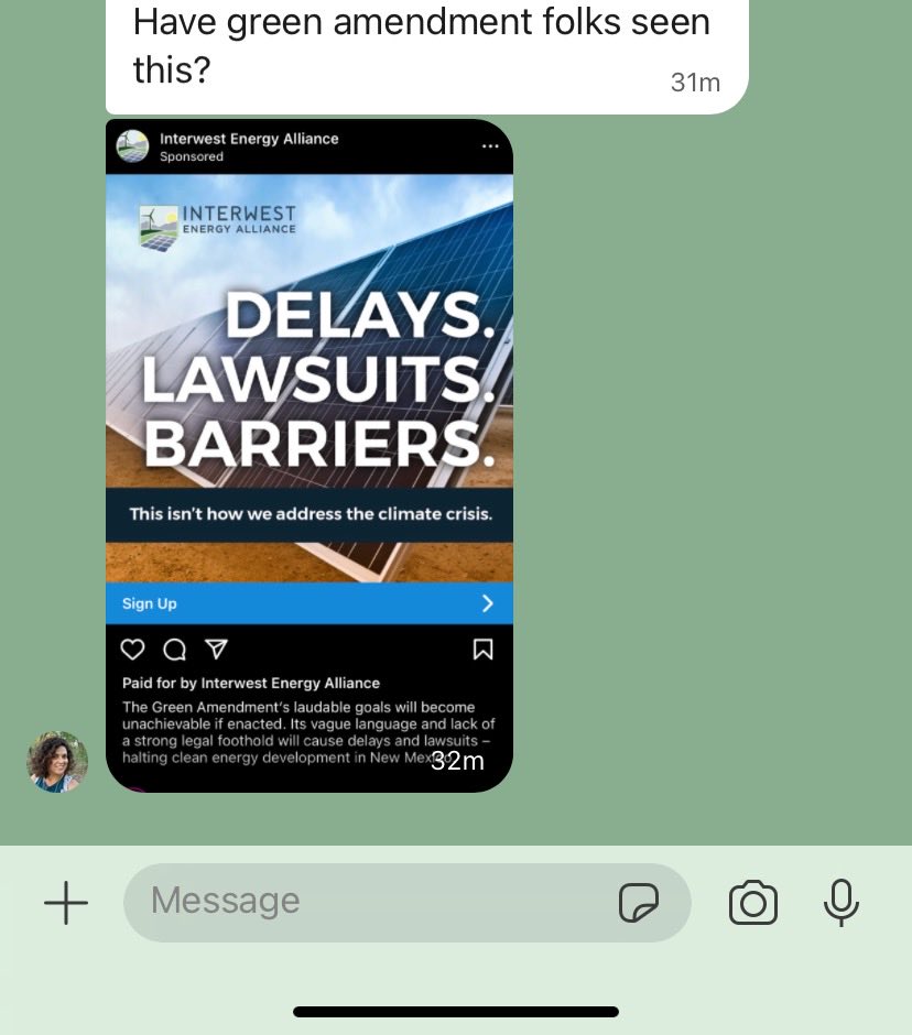 They’re stopping the NM Environmental Rights Constitutional Amendment for their own inflated self interests against the protections for clean air, water, soil, environment and stable climate for all New Mexicans!  That’s not right!  Corporate greed is bad even if clean energy!