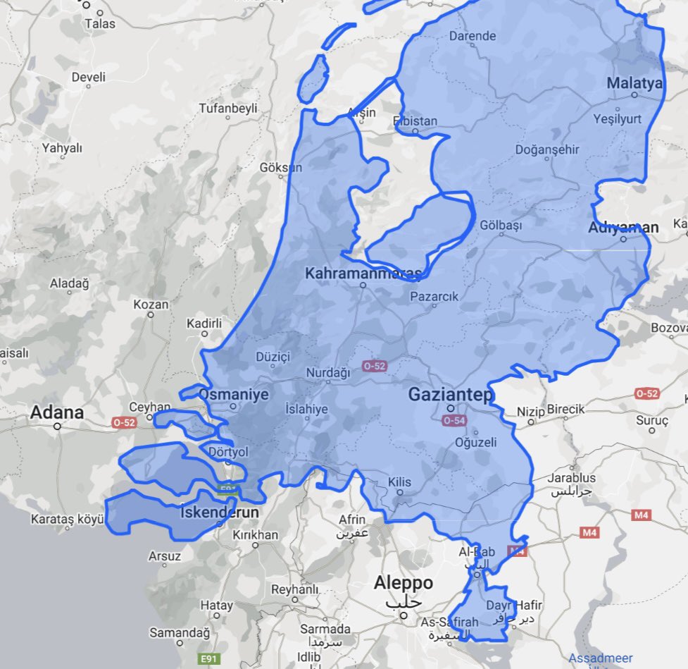 Het aardbevingsgebied in Turkije en Syrië is onvoorstelbaar groot. In mijn tijd bij het journaal checkte ik altijd sites als How Big Really of nu thetruesize om een idee te krijgen. Zo groot is het dus: zo’n beetje van Zeeland tot Groningen. #giro555 #rodekruis #aardbeving