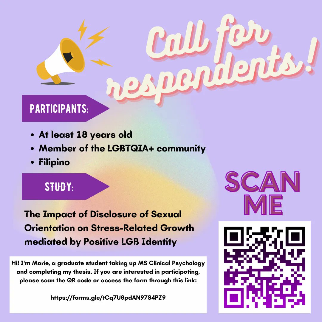 rdahildahil_'s tweet photo. LF respondents for the study entitled, "The Impact of Disclosure of Sexual Orientation on Stress-Related Growth mediated by Positive LGB Identity"
👉👉 https://t.co/hc31vS8F0b #queerph https://t.co/MD3OYNWupW