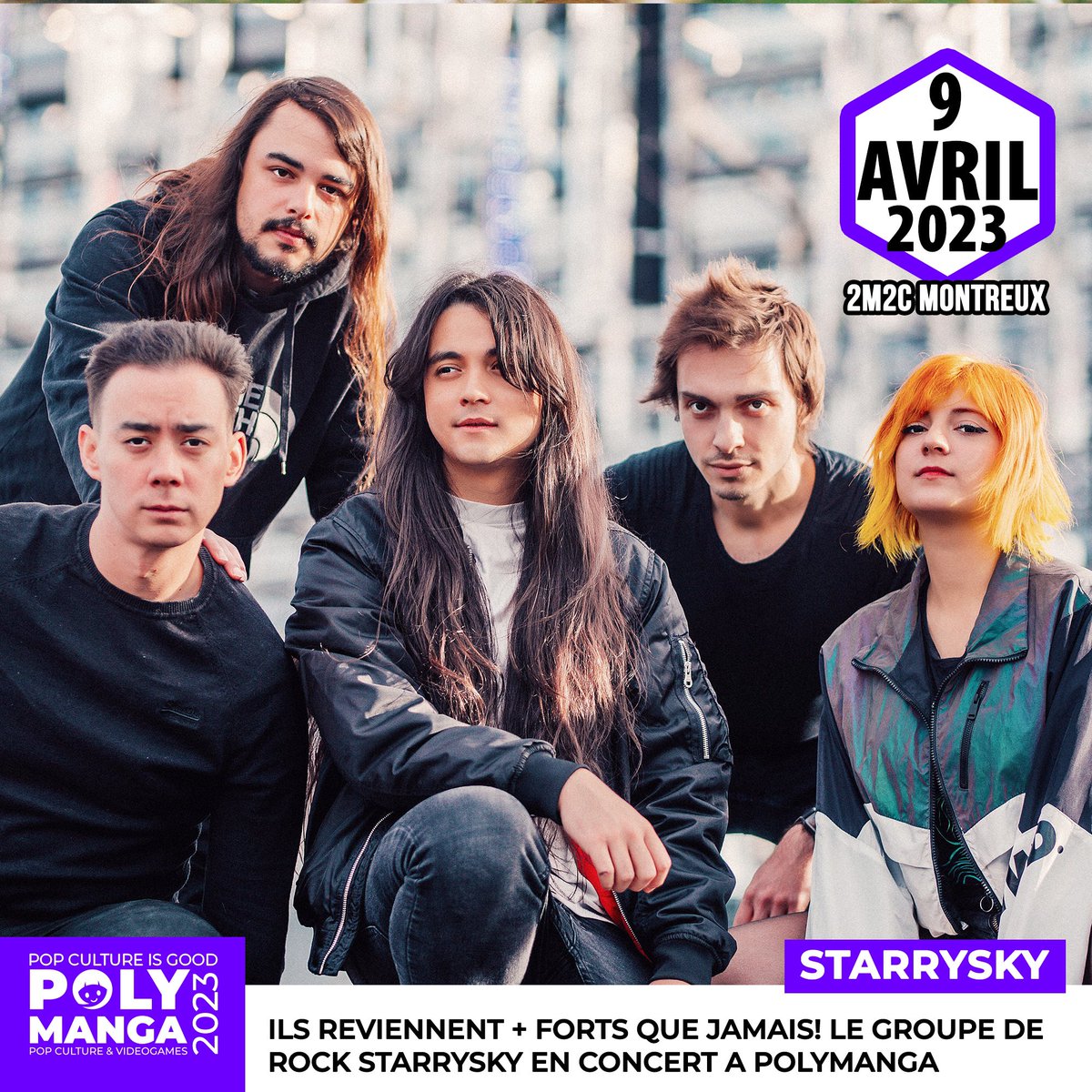 Starrysky revient à <a href="/Polymanga/">Polymanga 18-21.4.2025 20 ans !</a> pour un concert et des dédicaces Dimanche 9 Avril à Montreux.

STARRYSKY est un groupe de rock formé sur Internet et s'inspire fortement des univers pop-culture et joue une musique contient de fortes influences asiatiques #polymanga