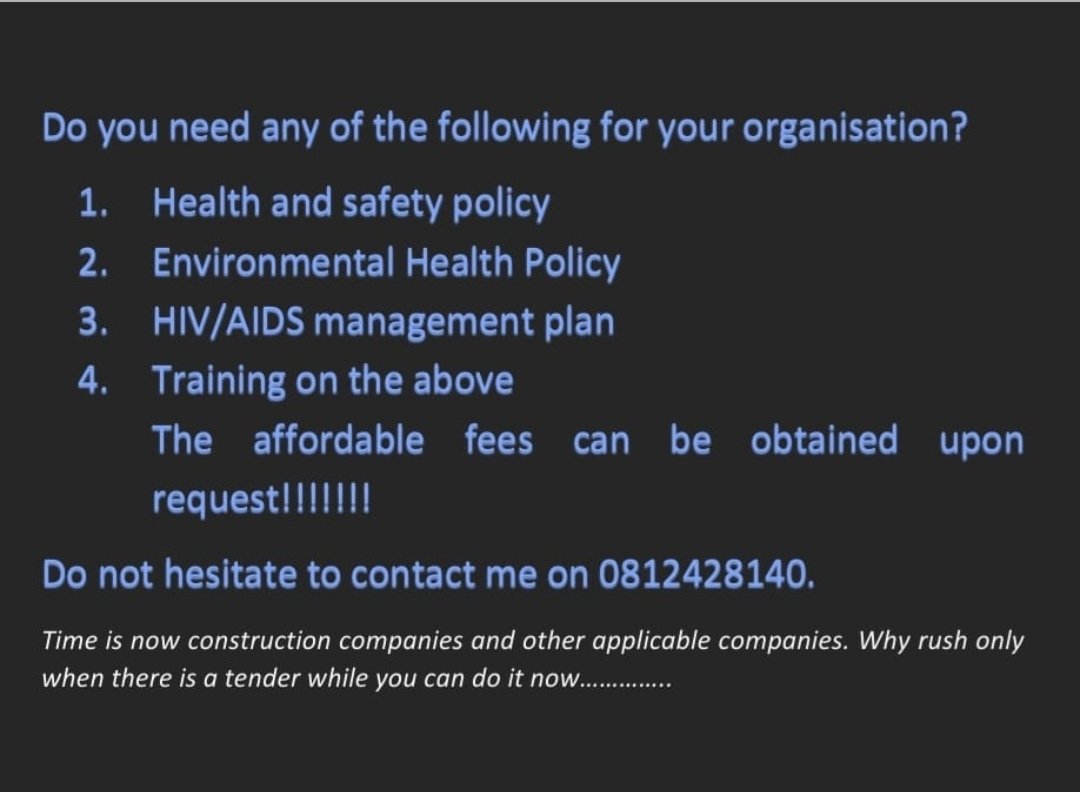 kaweyenge's tweet photo. Do the right things. It is a legal requirement by law. Regulations relating to the health and safety of employees at work Government notice 156 0f 1997. https://t.co/VuthSc4wOq