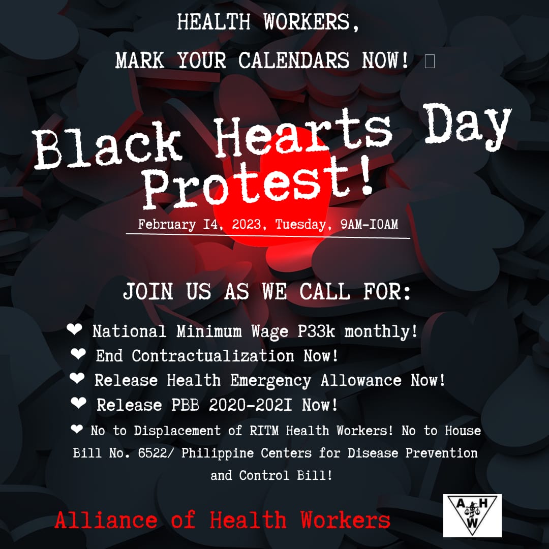 ahwphils's tweet photo. Heads up, health workers! #BlackHeartsDayProtest2023 🖤 https://t.co/xeLarhzg3F