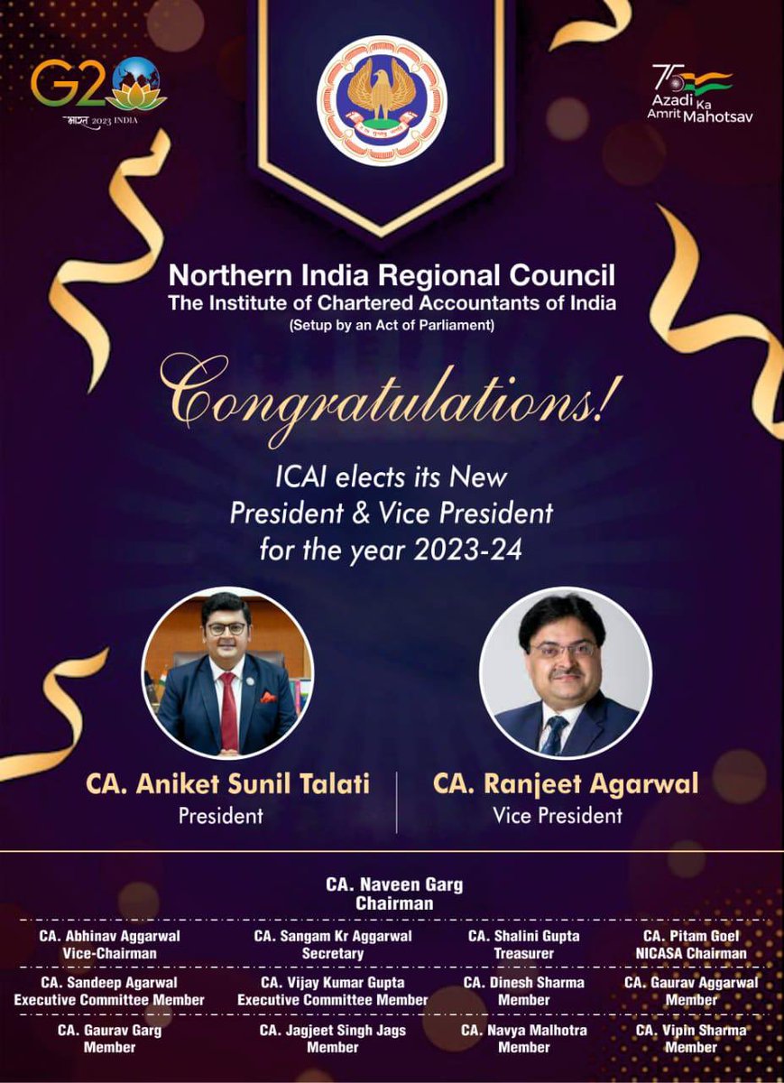 Abhiaggarwal08's tweet photo. Heartiest congratulations to #ICAI new President Shri. CA Aniket Sunil Talati and Vice President Shri CA Ranjeet Agarwal.
I’m sure that our beloved institute will reach greater heights under your guidance.
#CharteredAccountants #CA #CAprofessionals #IndianCA #CAStudents #India https://t.co/zZLgUJFmSA