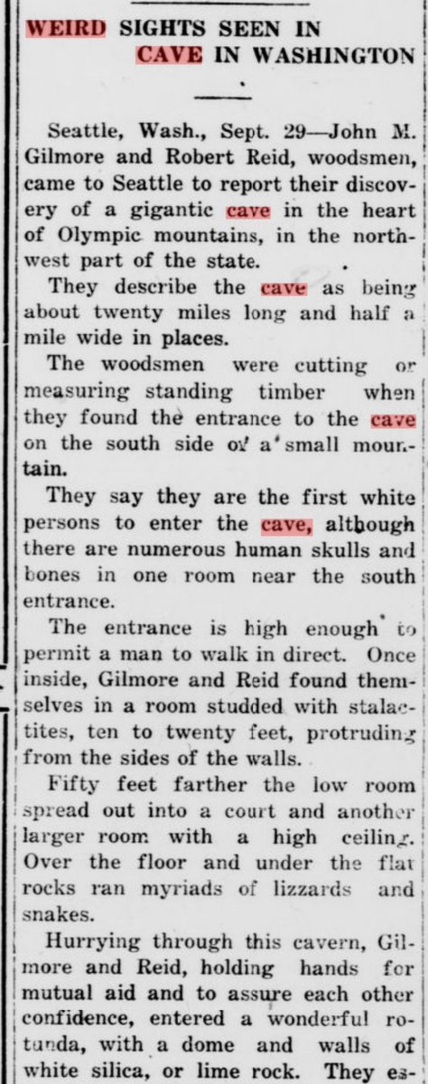 1_analog_9's tweet photo. WEIRD SIGHTS SEEN IN CAVE IN WASHINGTON. Cal. 1913. "Gigantic cave in the Olympic mountains.. 20 miles long.. half a mile wide.. domed ceilings.. fresh air.. phosphorus rocks made everything as bright as day.. another room filled with piles of skulls &amp; bones.. vault of the dead." https://t.co/UXuWzzl5op