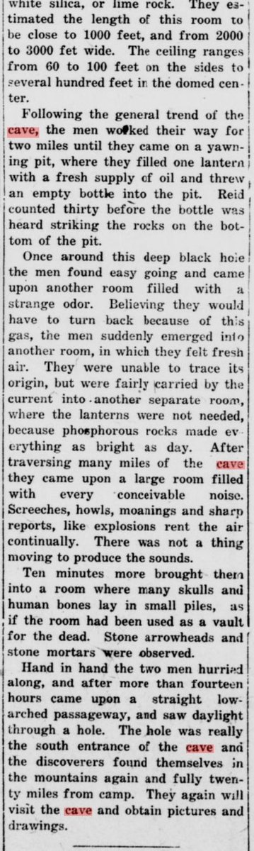 1_analog_9's tweet photo. WEIRD SIGHTS SEEN IN CAVE IN WASHINGTON. Cal. 1913. "Gigantic cave in the Olympic mountains.. 20 miles long.. half a mile wide.. domed ceilings.. fresh air.. phosphorus rocks made everything as bright as day.. another room filled with piles of skulls &amp; bones.. vault of the dead." https://t.co/UXuWzzl5op