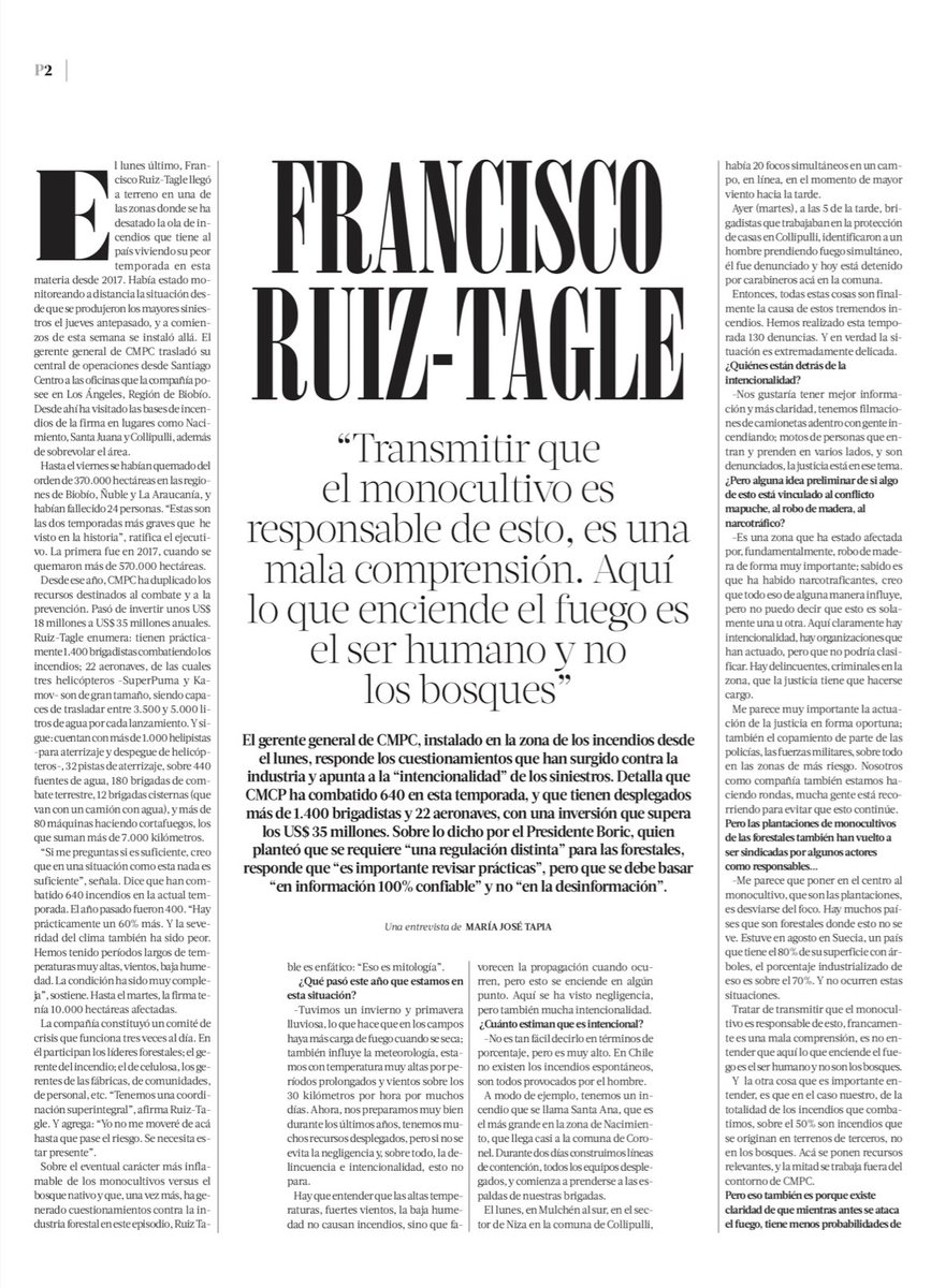 SomosCMPC's tweet photo. "Transmitir que el monocultivo es responsable, es una mala comprensión. Lo que enciende el fuego es el ser humano y no los bosques". 

🔴Hoy en @latercera el Gte. Gral. @fruizta responde a los cuestionamientos contra la industria y apunta a la "intencionalidad" de los siniestros. https://t.co/3GMhvzgsp0