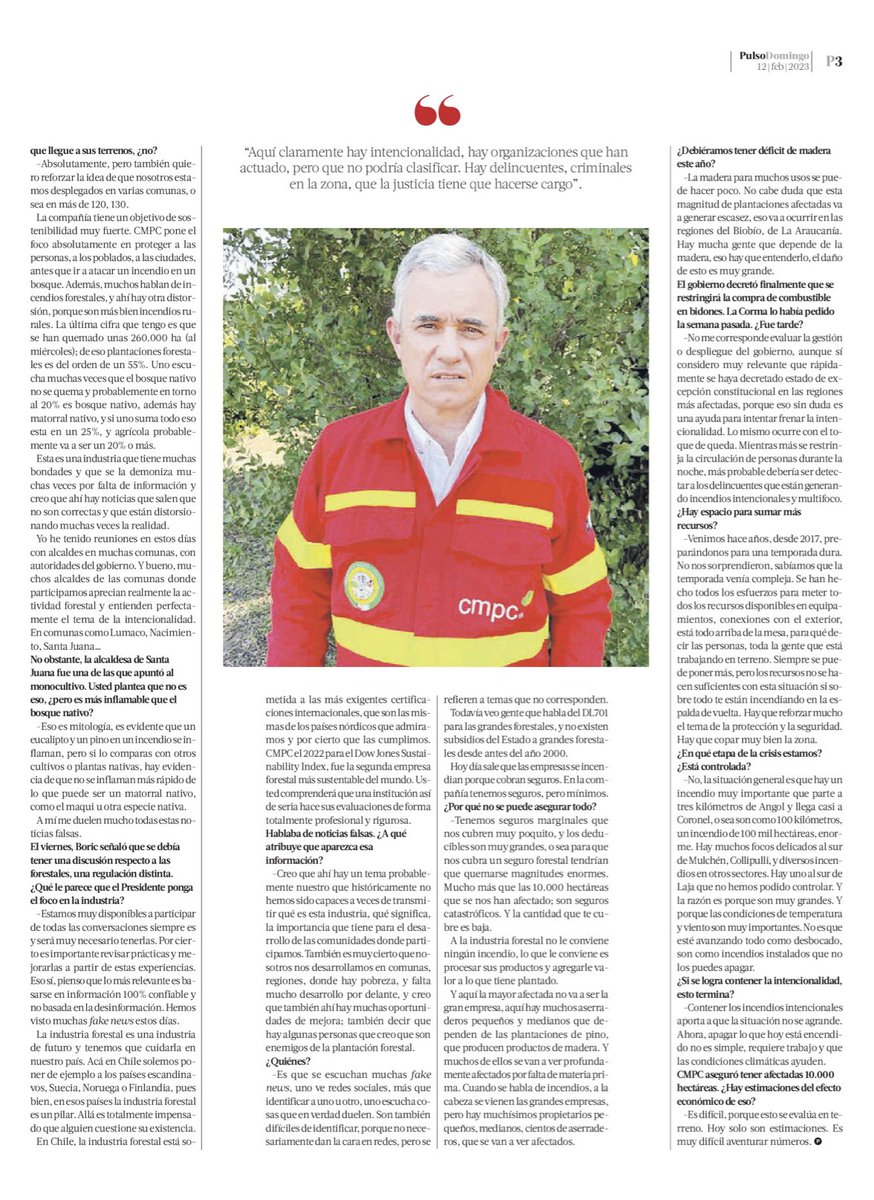 SomosCMPC's tweet photo. "Transmitir que el monocultivo es responsable, es una mala comprensión. Lo que enciende el fuego es el ser humano y no los bosques". 

🔴Hoy en @latercera el Gte. Gral. @fruizta responde a los cuestionamientos contra la industria y apunta a la "intencionalidad" de los siniestros. https://t.co/3GMhvzgsp0