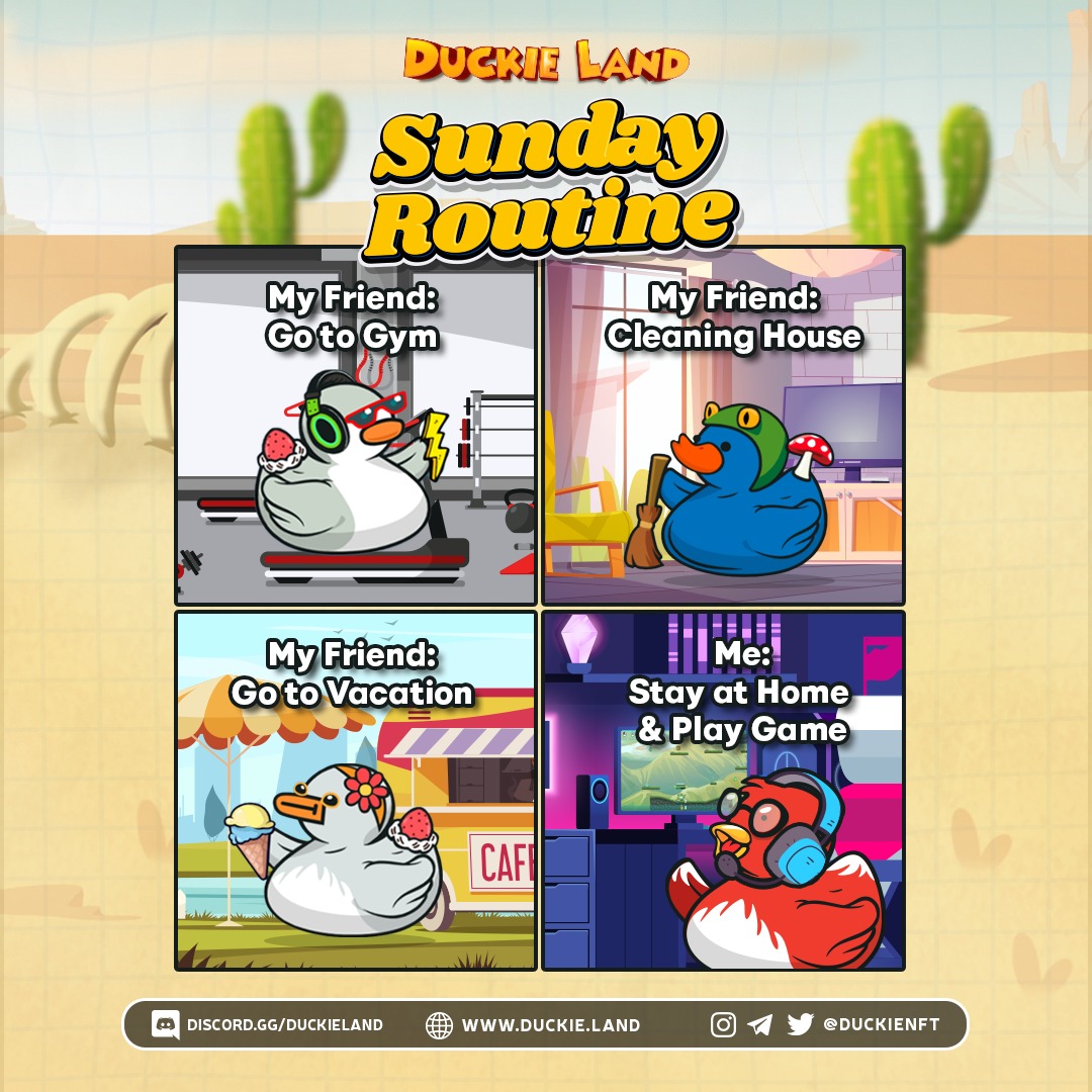 duckienft's tweet photo. Happy Sunday gang! Tell me your Sunday Routine 😄
Don't forget to playing Duckie Land gang, now available on Google Playstore 😎
#DuckieLand #Metaverse #PlaytoEarn #MMETA #Play2Earn #NFT #nftgames #battlegames #footballgame #funtoplay #QuickQuack #DuckieComic #comicstrip #comic https://t.co/JCvrpLic36