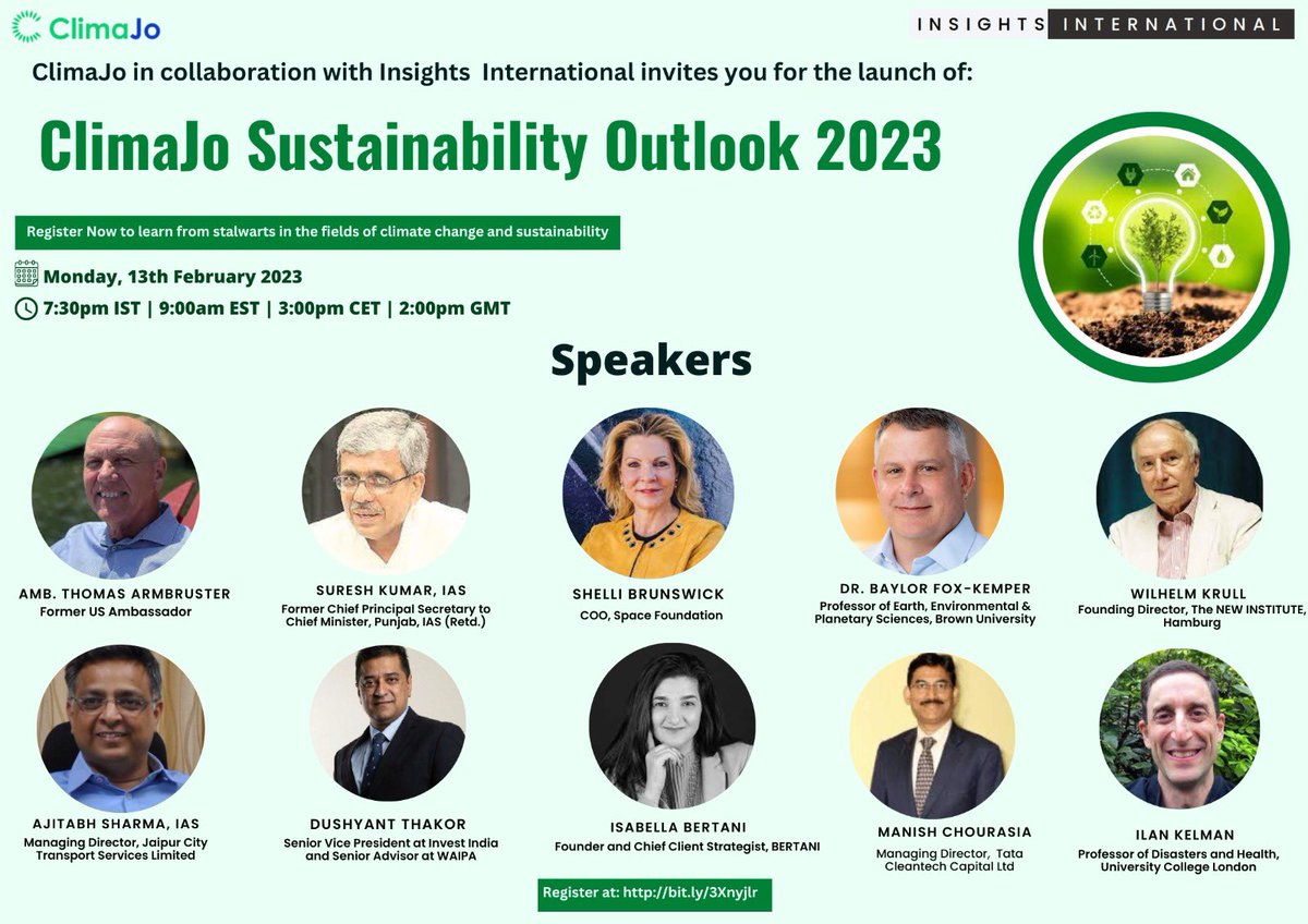 Join us as we head towards the "Launch of ClimaJo Sustainability Outlook 2023". A reported co-created by Insights International and ClimaJo, taking perspectives from global leaders from the fields of sustainability and climate change.
(1/3)

#Sustainability #ClimateAction #india