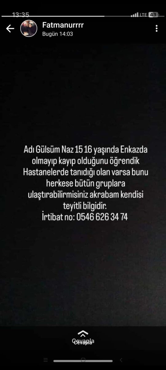 Ekibimizden bir arkadaşımızın akrabası kayıp lütfen yayalım ve bulunmasına yardım edelim!

Adresi: Kahramanmaraş Dulkadiroğlu
Hayrullah Mah. Zahide hanım apartmanı (Maraş Dent civarı)