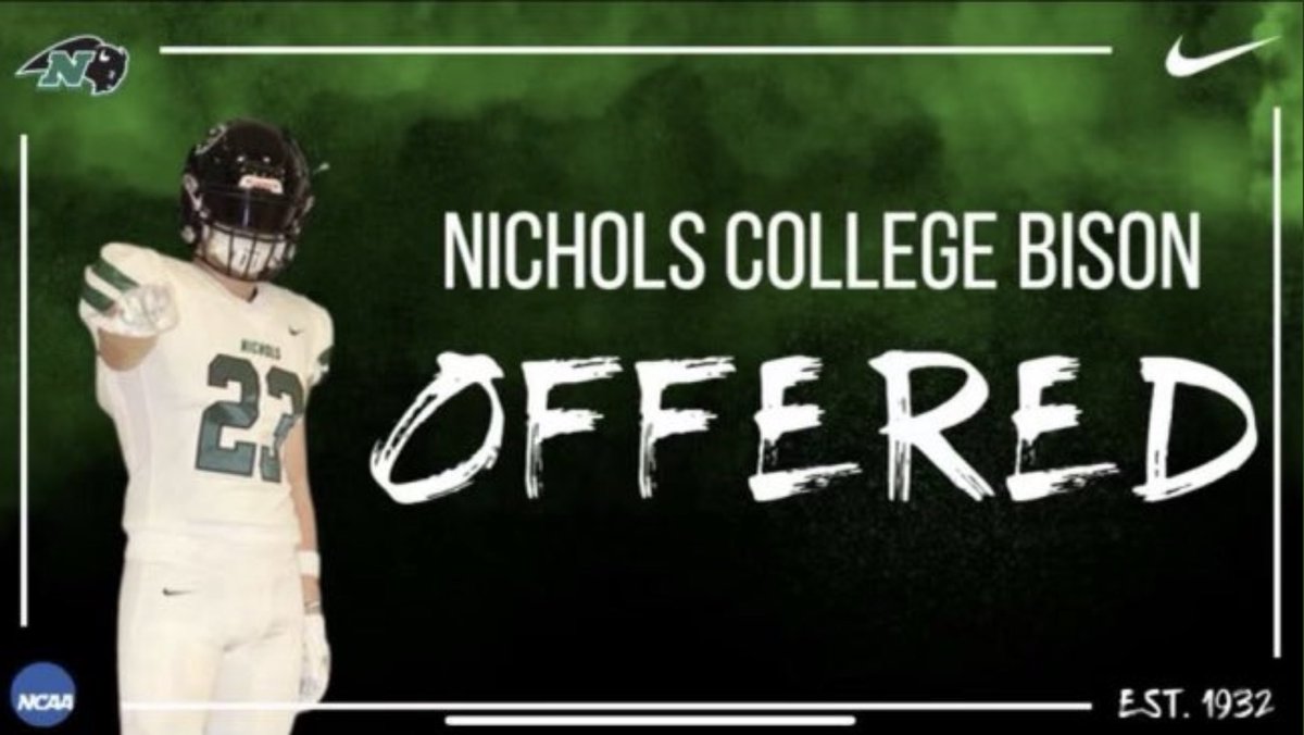 After a great visit and conversation with 
<a href="/CoachG45_/">Zack Gorczynski</a> and <a href="/olmsted_dale/">Dale Olmsted</a> I am very excited to receive an offer from Nichols College @NCbison_FB. Thanks for all of the support <a href="/CoachMarkNutley/">Mark Nutley</a>
<a href="/hinghamfootball/">Hingham Football</a> <a href="/HarbormenNews/">HinghamHSAthletics</a>