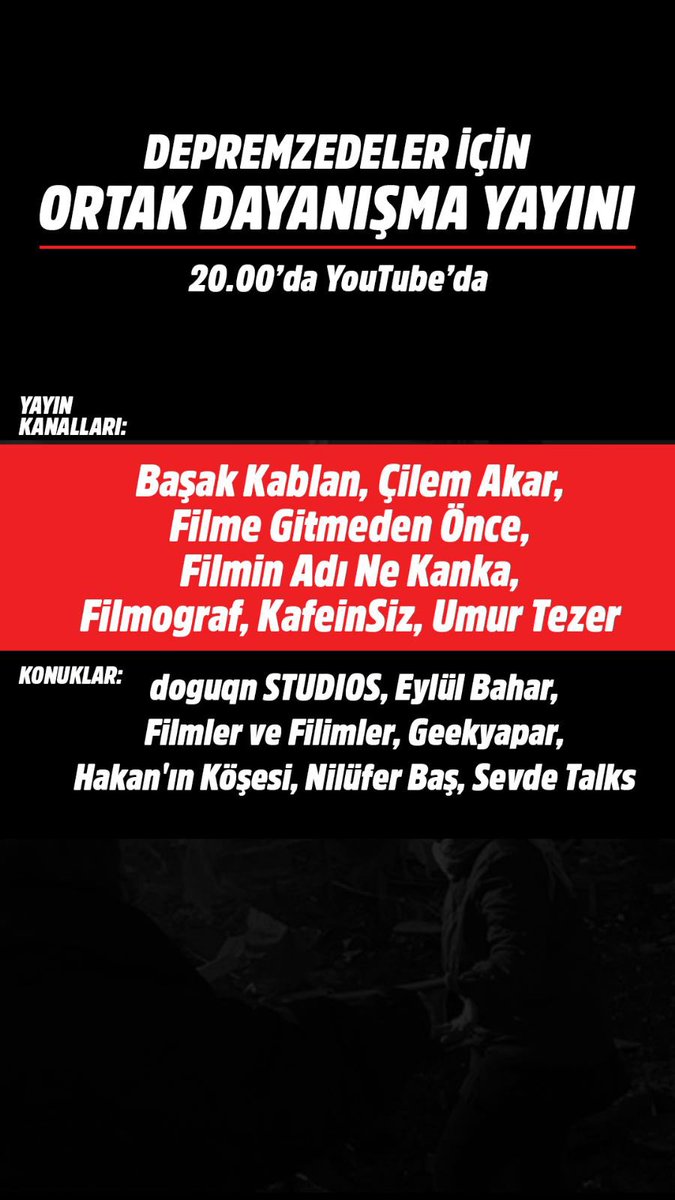 Değerli Youtuber arkadaşlarımla bu akşam saat 20:00’de depremzedeler için ortak dayanışma yayını yapacağız. Yayına Youtube kanalımdan ulaşabilirsiniz. Hepinizi bekliyorum.