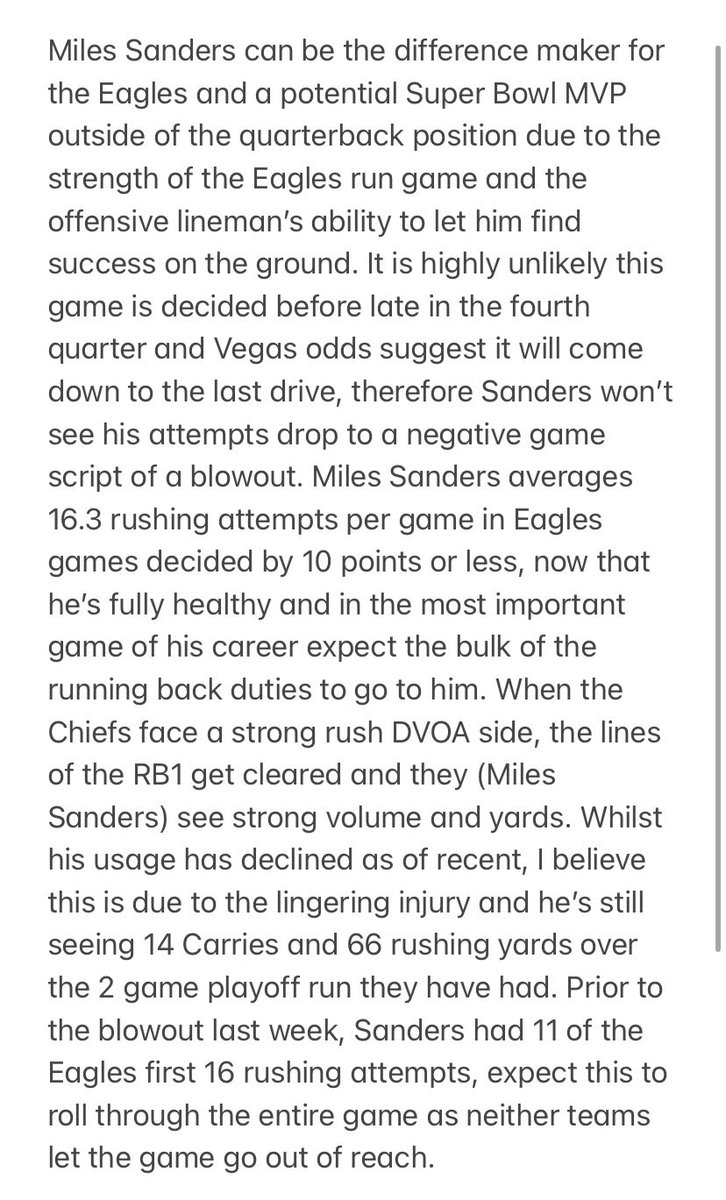 Hugo_Bets's tweet photo. πNFL SUPER BOWL LVII Pick 1/4π
4U- MILES SANDERS rushing attempts (O12.5)
Write up below
#KCvsPHI #MilesSanders #SuperBowl #NFLPicks #NFLbets #NFLdfs #PlayerProp #NFLbetting #NFL #NFLOverUnder https://t.co/uvD19rPY6q