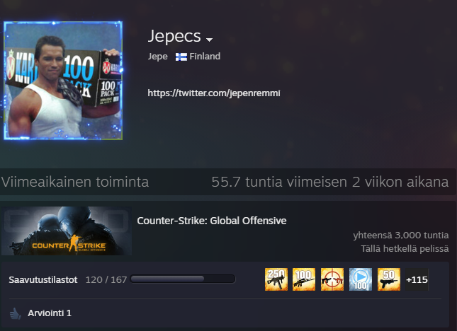 Jermeisseli's tweet photo. Hellurei ja hellät tunteet! Jälleen on saavutettu virstanpylväs... 3000 tuntia pelattu kynyä🥳. Iso kiitos pelikavereille! #remmi #csgofi https://t.co/5HqFWEHWNX