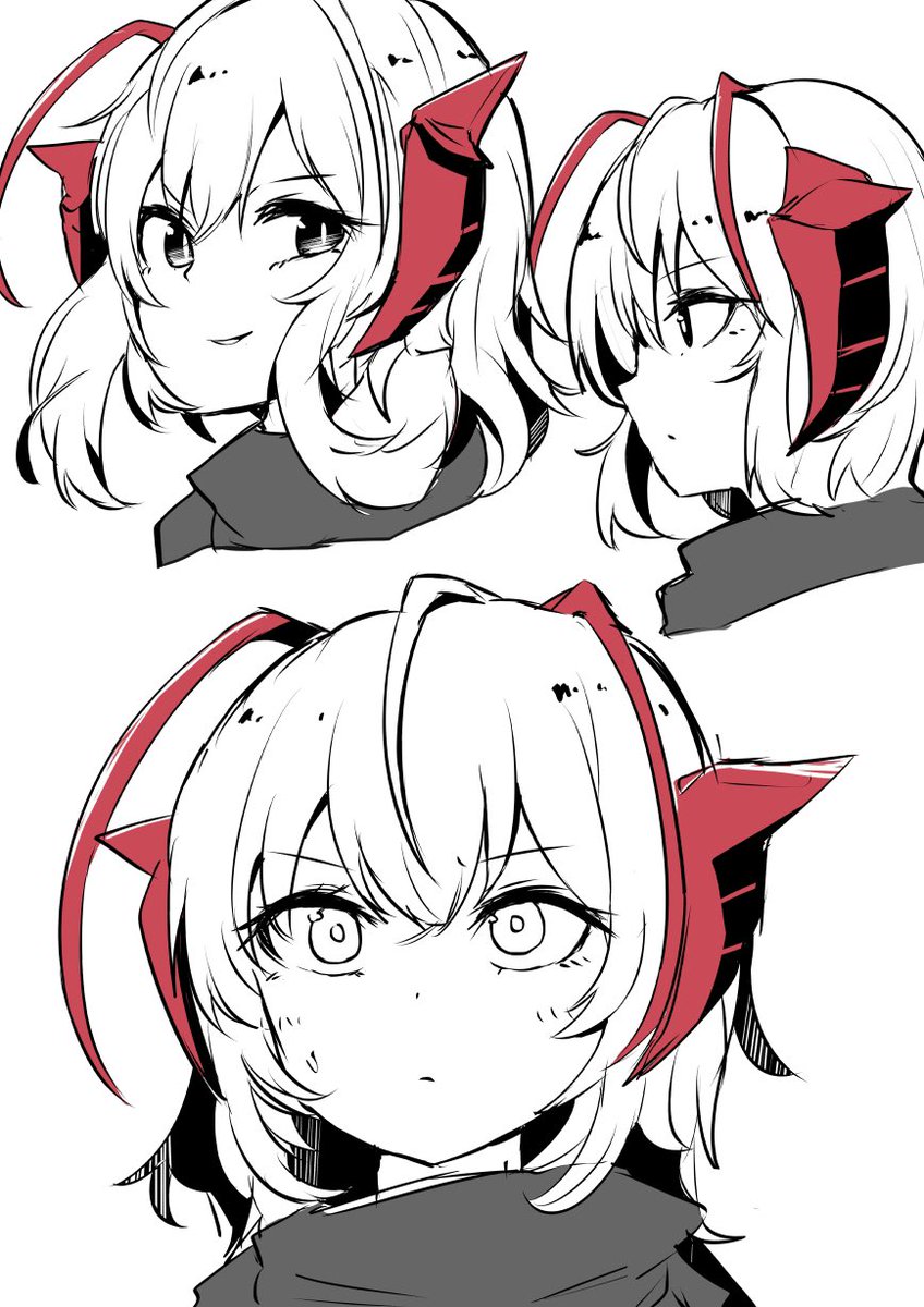 w (arknights) 1girl horns white background multiple views simple background scarf short hair  illustration images