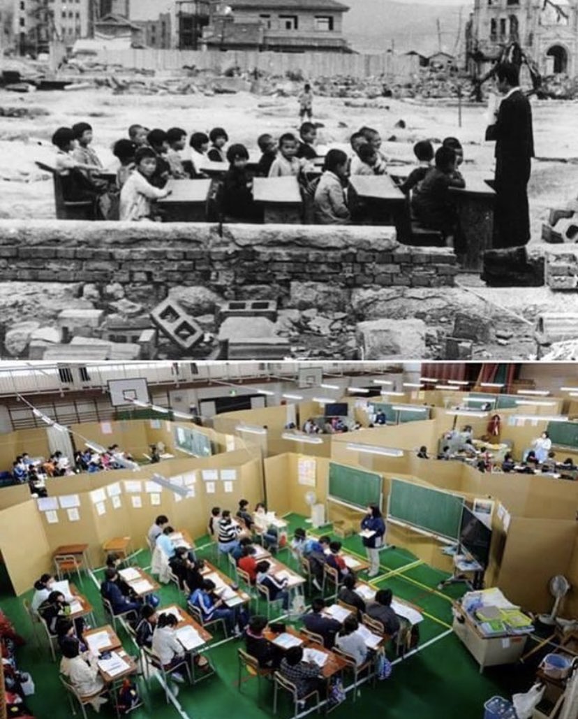 Japonya’yayı konuşurken güzellemelerden çok nasıl Japonya olunduğunu konuşmak gerek. Finlandiya örneği için de aynısını söyleyebiliriz.
Üstteki fotoğraf Hiroşima’dan sonra, alttaki ise 2011 Tsunami felaketinden sonra ülkede devam eden eğitimin fotoğrafları…
#ÜniversitelerAçılsın