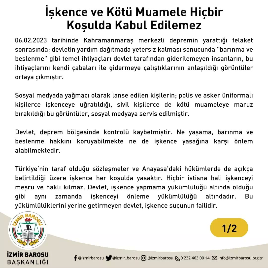 izmir_barosu's tweet photo. İşkence ve Kötü Muamele Hiçbir Koşulda Kabul Edilemez https://t.co/lNI23XweGG