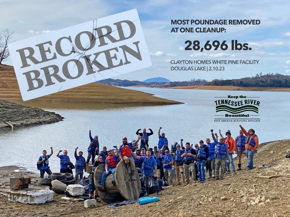 TNRiverBeautiful (@tnrvrbeautiful) on Twitter photo RECORD BROKEN: 28,696 lbs. removed at one cleanup. Thanks to the staff at <a href="/claytonhomes/">Clayton</a> White Pine for an incredible #jobdone on Douglas Lake! 💪
#KeepTNRiverBeautiful #YourRiverYourImpact #DoBeautifulThings <a href="/TVAnews/">Tennessee Valley Authority</a> #NobodyTrashesTennessee <a href="/KeepTNBeautiful/">KeepTNBeautiful</a> #YamahaRightWaters RECORD BROKEN: 28,696 lbs. removed at one cleanup. Thanks to the staff at <a href="/claytonhomes/">Clayton</a> White Pine for an incredible #jobdone on Douglas Lake! 💪
#KeepTNRiverBeautiful #YourRiverYourImpact #DoBeautifulThings <a href="/TVAnews/">Tennessee Valley Authority</a> #NobodyTrashesTennessee <a href="/KeepTNBeautiful/">KeepTNBeautiful</a> #YamahaRightWaters