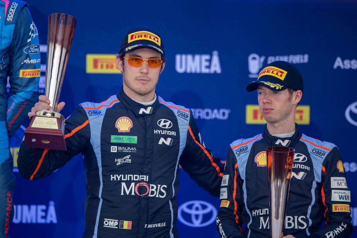 #WRC 🇸🇪 Podium Celebrations 🍾🍾 P2 @Craig_Breen & @J_Fuzzy_Fulton P3 @thierryneuville & @MWydaeghe #HMSGOfficial #RallySweden