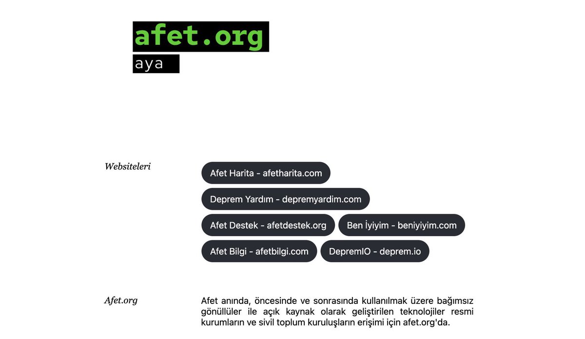 Afet anında, öncesinde ve sonrasında  kullanılmak üzere açık kaynak olarak geliştirilen teknolojileri afet.org sitesi üzerinden resmi kurumların ve sivil toplum kuruluşların erişimine açtık. AYA - <a href="/acikyazilimagi/">AYA I Açık Yazılım Ağı</a>