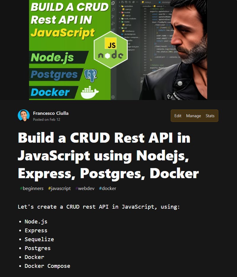 I turned the last livestream into an Article.

📝Build a CRUD Rest API in JavaScript using:
- Node.js
- Express
- Sequelize
- Postgres
- Docker
- Docker Compose

dev.to/francescoxx/bu…